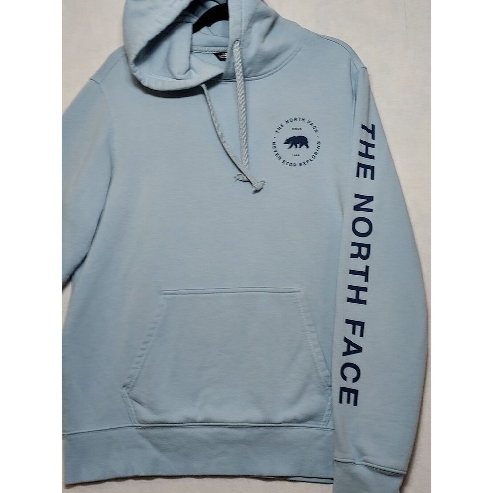 The North Face Men's Pullover Hoodie Sz M Pale Blue Never Stop Exploring LOGO
